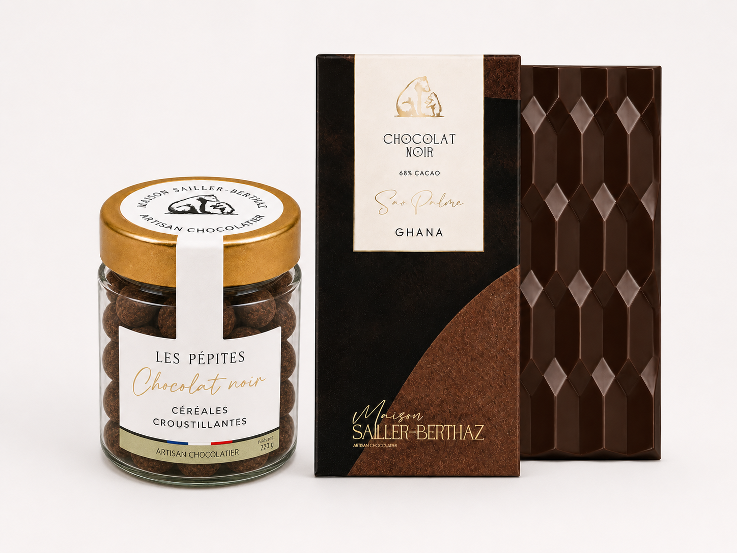Coffret de chocolats pour les cse avec un pot de pépite et une tablette noir 68%